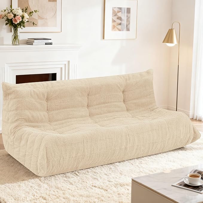 HABUTWAY Bean Bag Chairs Fireside Lazy Floor Sofa, Soft Teddy Fleece 3 Seater Sofa with High-Resilience Foam Filling，Beanbag for Living Room, Bedroom, Office (Khaki Teddy)