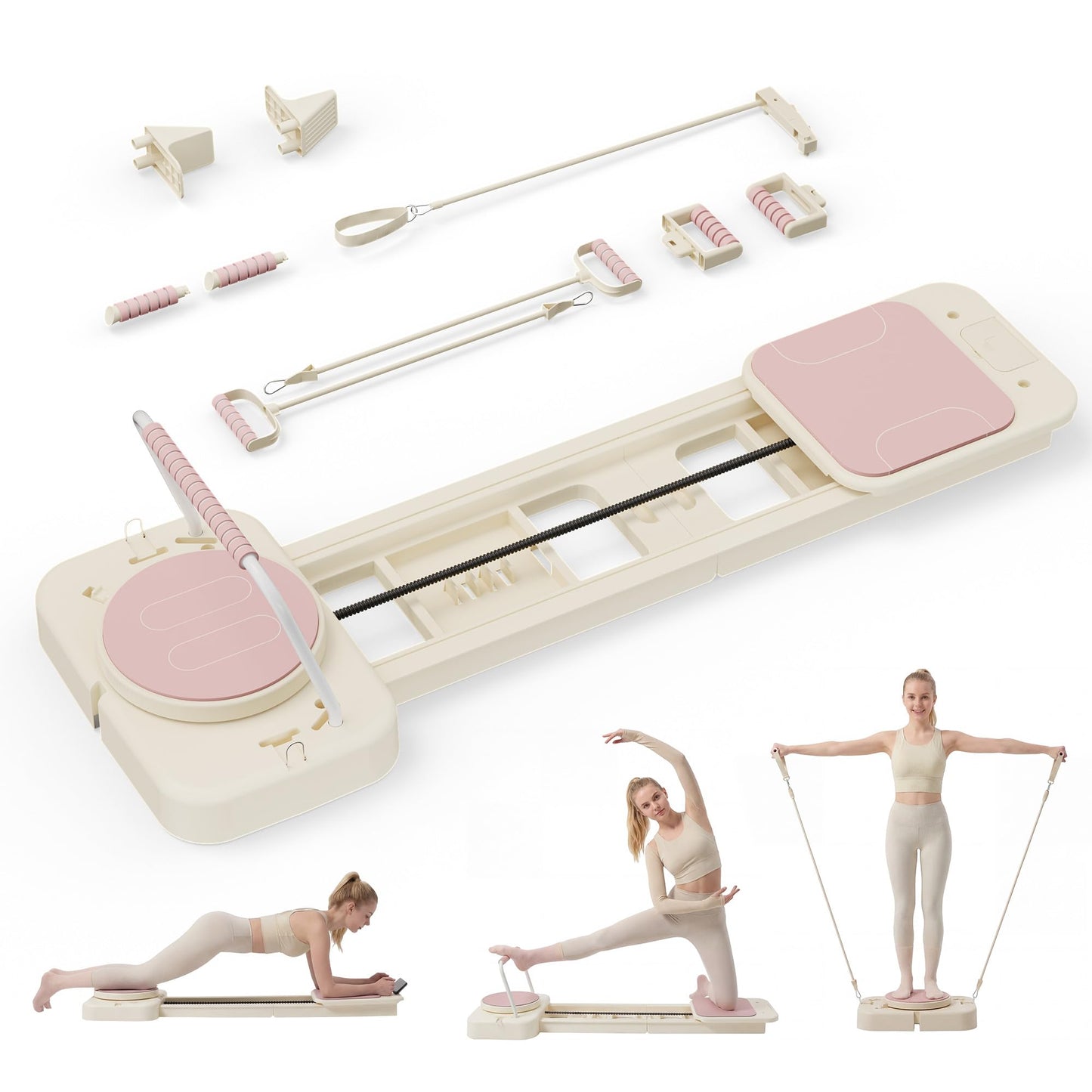 COSIEST 2026 Upgraded Pilates Board w Storage Box, 60" Extended Home Pilates Reformer, Multifunctional Core Fitness Equipment Set, Foldable Pilates Board for Abs Glutes Legs Full Body Toning, Pink