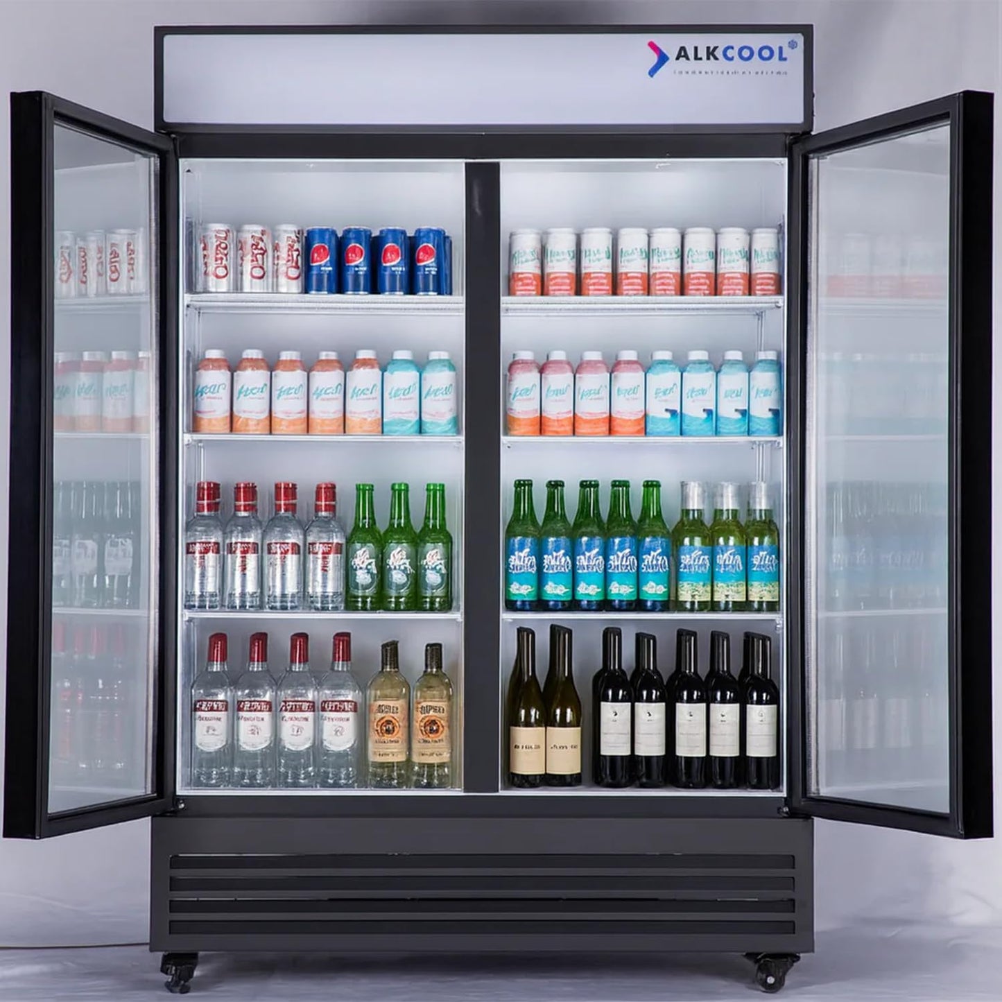 NAFCOOL Commercial Beverage Refrigerator Display Fridge,Two Glass Door Upright Merchandiser Drink Cooler with LED Light Adjustable Shelves,46 Cu Ft,ETL Sanitation,(Wheels Not Included)