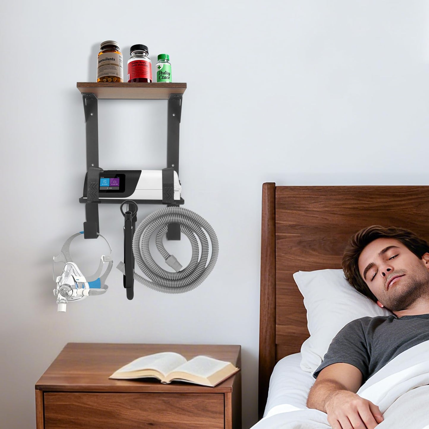 Upgraded CPAP Shelf Wall Mount, 2-Tier Organizer for ResMed AirSense 10 & 11 | with Adjustable CPAP Hose Holder & Mask Hook, Avoid Hose Entanglement | Bedside CPAP Stand to Reclaim Your Nightstand
