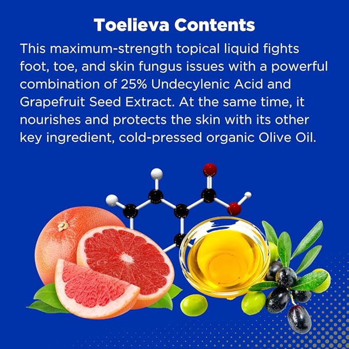 Baar Products - Toelieva Antifungal Liquid Solution - 25% Undecylenic Acid, Organic Olive Oil, Grapefruit Seed Extract - Maximum Strength - Fights Fungus Under & Around Toenails - 2 oz