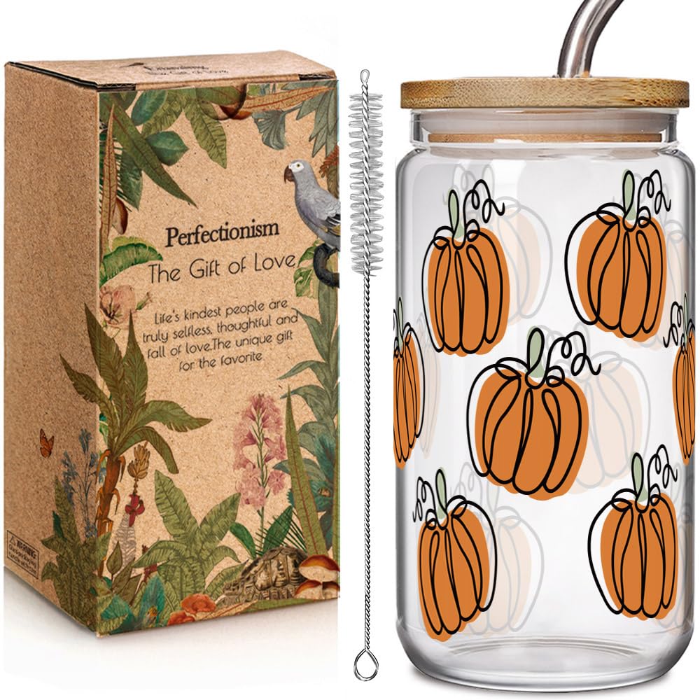 Fall Pumpkin Cup 16oz Glass Cups with Lids and Straws Halloween Iced Coffee Tumbler Gift for Friend and Her, Thanksgiving Tumbler Mug, Fall Gifts, Halloween Pumpkin Gifts for Women Best Friend Bestie