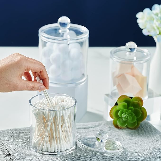 SheeChung 6 Pack Qtip Dispenser Apothecary Jars Bathroom with Labels - Qtip Holder Storage Canister Clear Plastic Acrylic Jar for Cotton Ball, Swab,Pads, Rounds,Floss Picks, Hair Clips (Clear)