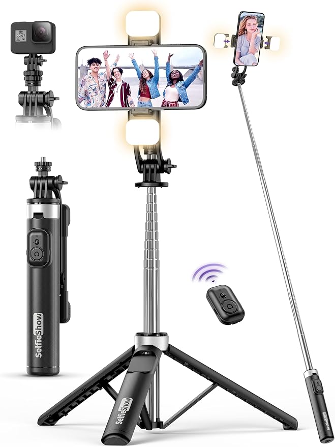 53'' Selfie Stick Tripod with Light, Extendable Selfie Stick with Remote, Portable Cell Phone Tripod Stand with All in 1 P...