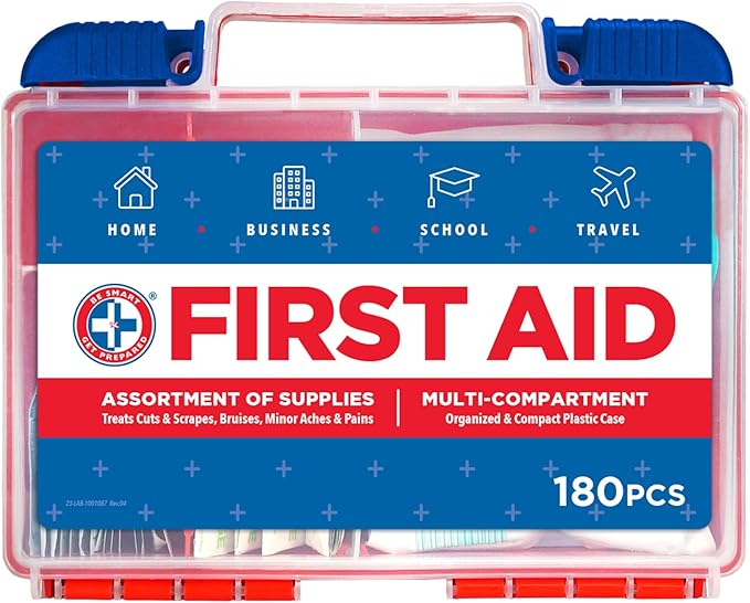 Be Smart Get Prepared 180 Piece First Aid Kit: Clean, Treat, Protect Minor Cuts, Scrapes. Home, Office, Car, School, Busin...