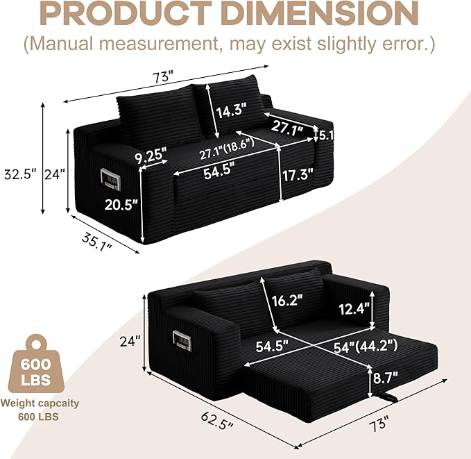 73" Convertible Sofa Bed, 2 in 1 Folding Couch Bed, Boneless Couch in a Box, Cloud Loveseat Sleeper, Fold Out Comfy Floor Futon Sofa with 2 Pillows for Living Room Bedroom, No Assembly (Black, 73")