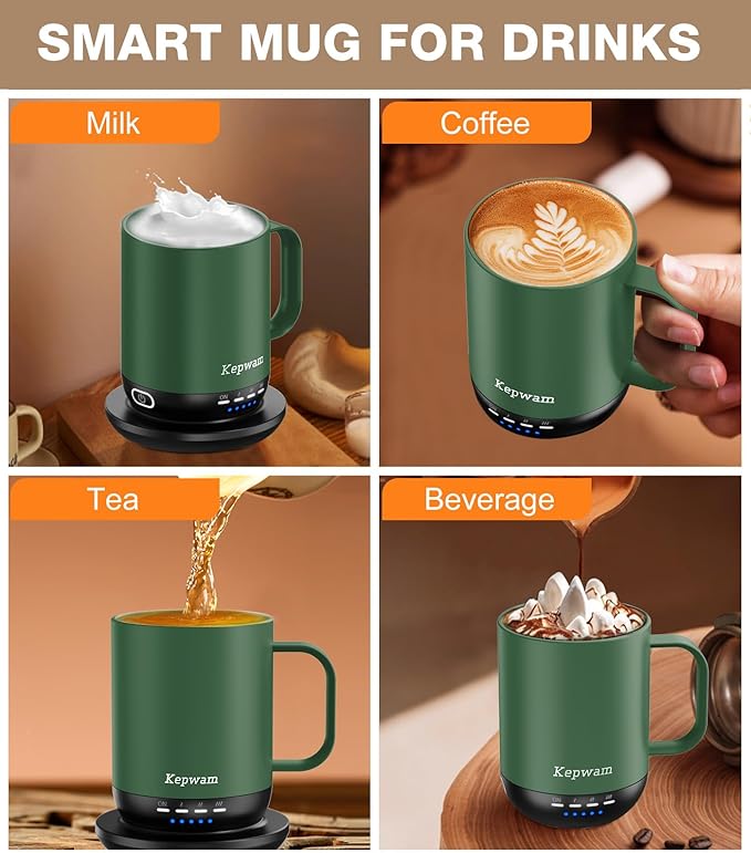 Kepwam Heated Coffee Mug T1-14oz Fast Heating & Longer Battery Life Self Heating Coffee Mug Hot to 149℉ - Touch & App Controlled Mug Coffee and Hot Beverage Warmer, Gifts for Women and Men