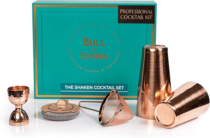 5 Piece Cocktail Kit by Bull In China - Premium Bartender Gift Set Includes Weighted 2 Piece Boston Shaker, Hammered Bell ...