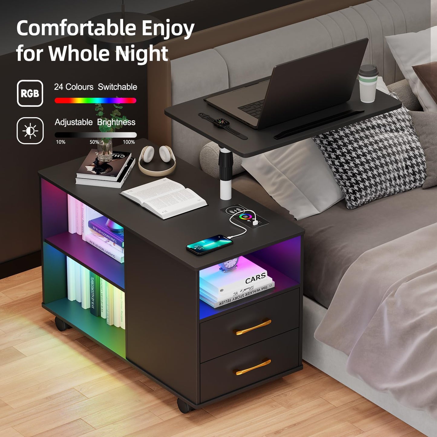 Gurexl 360° LED Nightstand with Wireless Charging Station, Movable Adjustable Bedside Table with Laptop Tray, Auto Sensor Night Stand for Bedroom (Black)