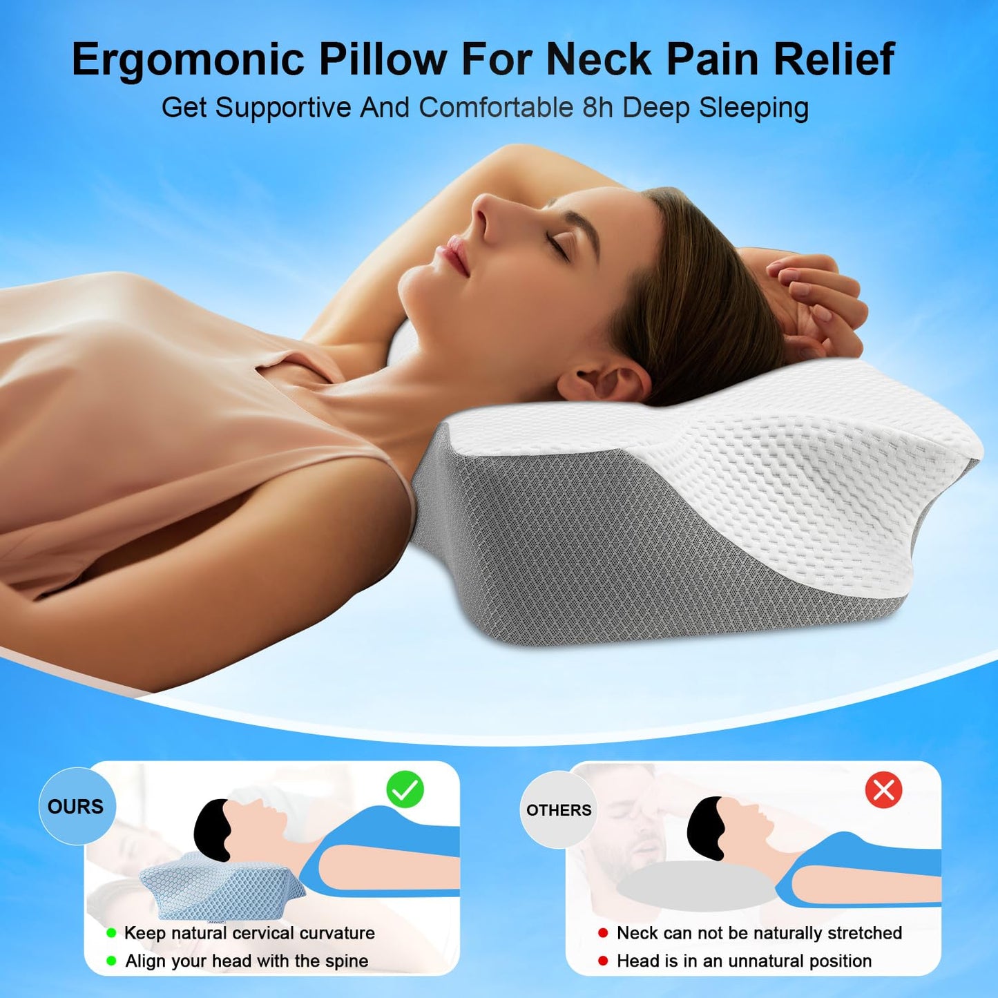 Anvo Cervical Pillow for Neck Pain Relief, Neck Pillows for Pain Relief Sleeping, Memory Foam for Back and Shoulder Pain, Ergonomic Design for Side Back Stomach Sleeper, Cream Soft Queen