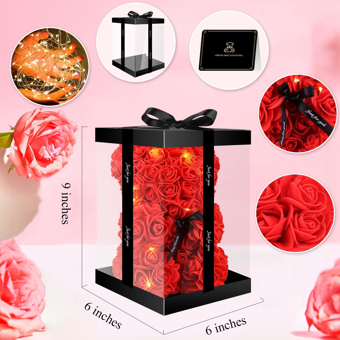 Otlonpe Bear Rose Flower 9 inches, Womens Gifts for Christmas Valentines Day Mothers Day Teacher Appreciation Graduation, Birthday Gifts for Women Mom Wife Girlfriend Grandma Sister Teacher (Red)