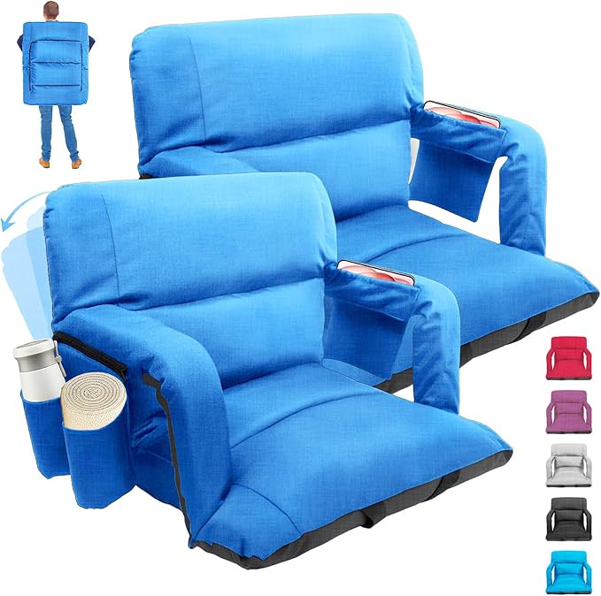 Stadium Seats with Back Support,Wide Stadium Chairs with Back and Cushion, Sofa Style Stadium Seats, 6 Reclining Positions, Extra Thick Bleacher Seat for Sports Events (Blue-2 Pack,Wide|25")