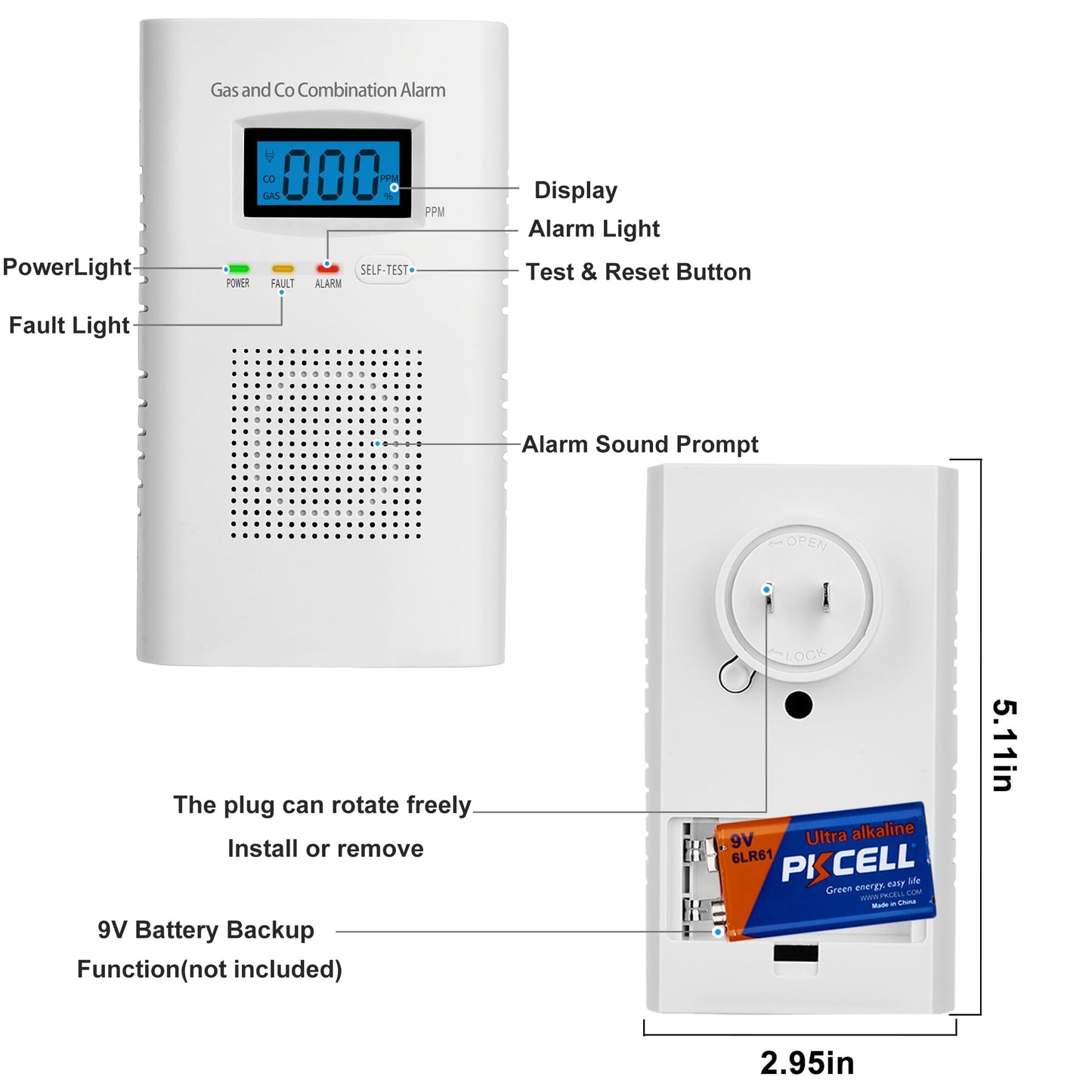 Plug in Combination Gas & Carbon Monoxide Detectors - Natural Gas Detectors & Carbon Monoxide Alarm for Home, Co Detector & Gas Detectors with Digital Display,Holds 9V Battery (not Included)