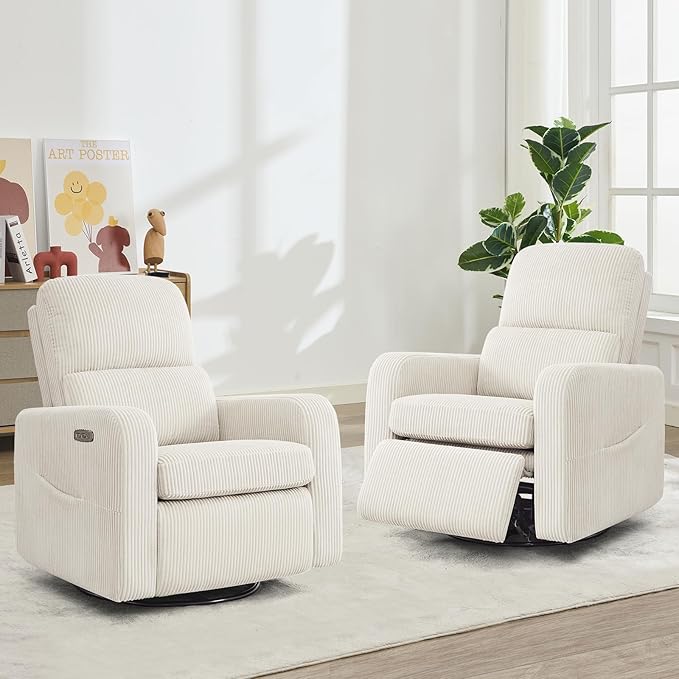 AEMEIOS Swivel Rocker Recliner, Oversized Power Recliner Glider with Removable Cushion, Upholstered Swivel Reclining Nursery Chairs for Living Room Bedroom, Corduroy White
