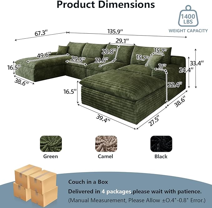 136" Cloud Sectional Couch U-Shaped Chaise with Ottoman, Corduroy Boneless Couch for Living Room Bedroom, Deep-Seat Upholstered Modular Cloud Sofa, No Assembly Required (Green, Left Facing Chaise)