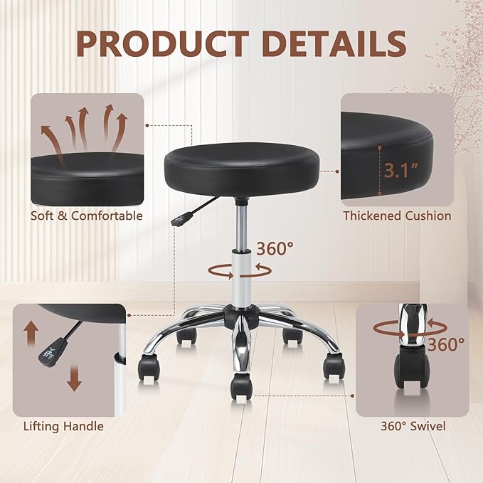Round Rolling Stool Swivel with Wheels Adjustable Height Seat 19.7"D x 19.7"W x 22"H Multi-Purpose Heavy Duty Wide Seat Drafting Stool Chair for Office Salon Massage Spa Medical Tattoo Beauty