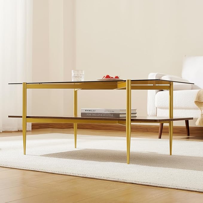 Pine Flicker Rectangle Coffee Table, Mid-Century Modern Design, L41*W21*H17 inch, for Living Room, Amber Glass Top and Walnut Finish Wood Shelf, Conical Metal Legs with Gold Finish
