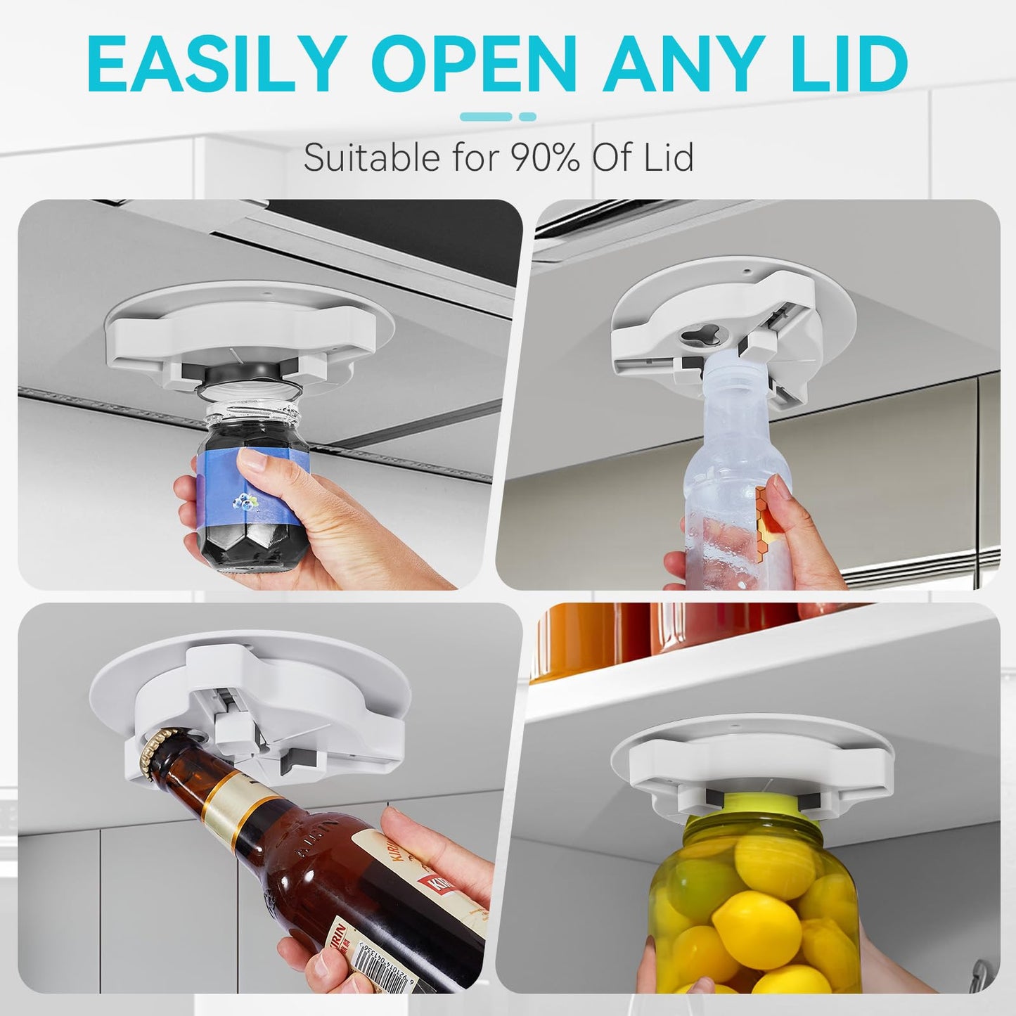Banyaa Jar Opener Bottle Opener for Seniors with Arthritis - Under Cabinet Jar Opener for Weak Hands, Rotary Lid Opener, Easy Twist-Off Lids for Jars & Bottles, Original Kitchen Gadgets (White)