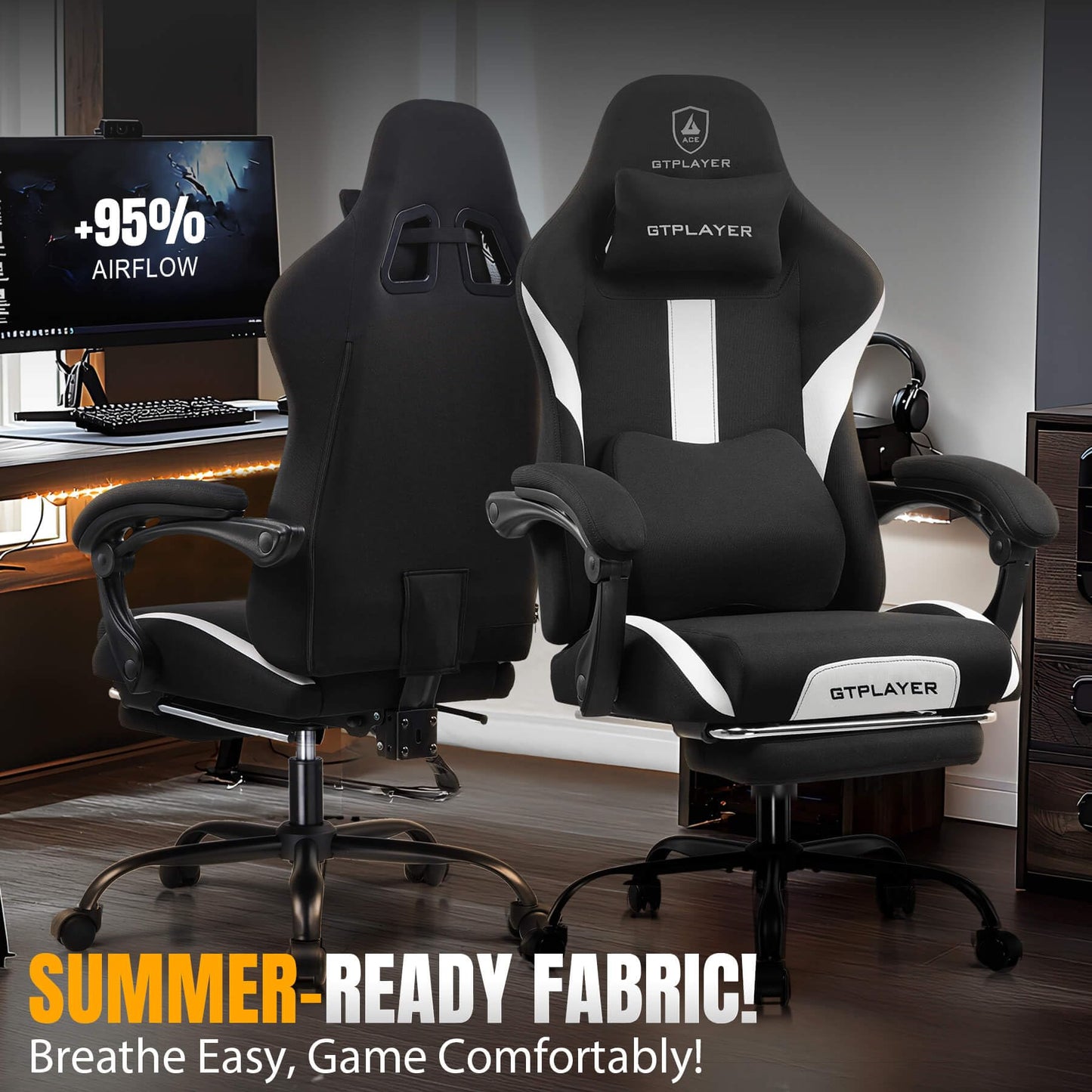 GTRACING Gaming Chair Ergonomic Office Chair with Foot Rest & Pocket Spring Cushion, High Back Computer Desk Chair with Headrest & Lumbar Support, Breathable Fabric Game Chair for Adults, Coal-Black