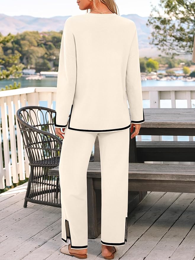 LILLUSORY Women Fall 2 Piece Lounge Set Outfits Sweatsuits Long Sleeve Sweater Tops Wide Leg Pants