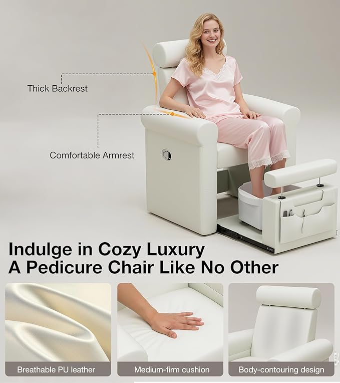 VARONXE Icoget Professional Pedicure Chair No Plumbing for Nail Tech, Reclining SPA Pedicure Station w/Adjustable Footrest & Headrest, Retractable Base Unite for Small Space, White