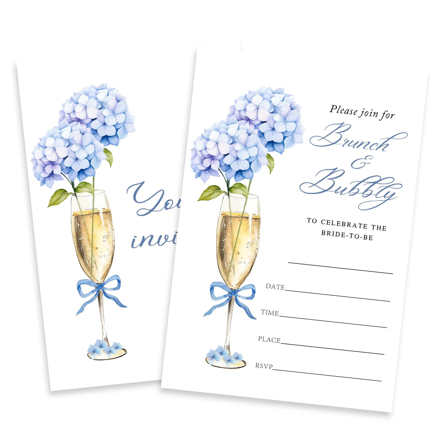 Blue Hydrangea Bridal Shower Invitations -Brunch & Bubbly - 25 Champagne Bridal Shower Invites With Envelopes For Newlyweds, Bride-To-Be, Wedding Reception, Engagement Party Favors & Decorations- 07