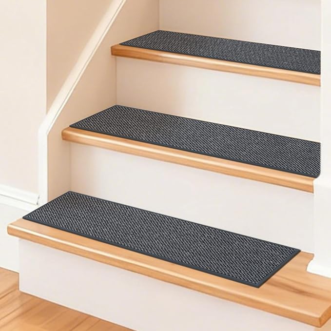 Art3d Stair Treads for Wooden Steps 15Pcs, 8" X 30" Non Slip Stair Runner Rugs with Reusable Adhesive for Elders Kids and Dogs, Machine Washable Peel and Stick Stair Treads Carpet, Black