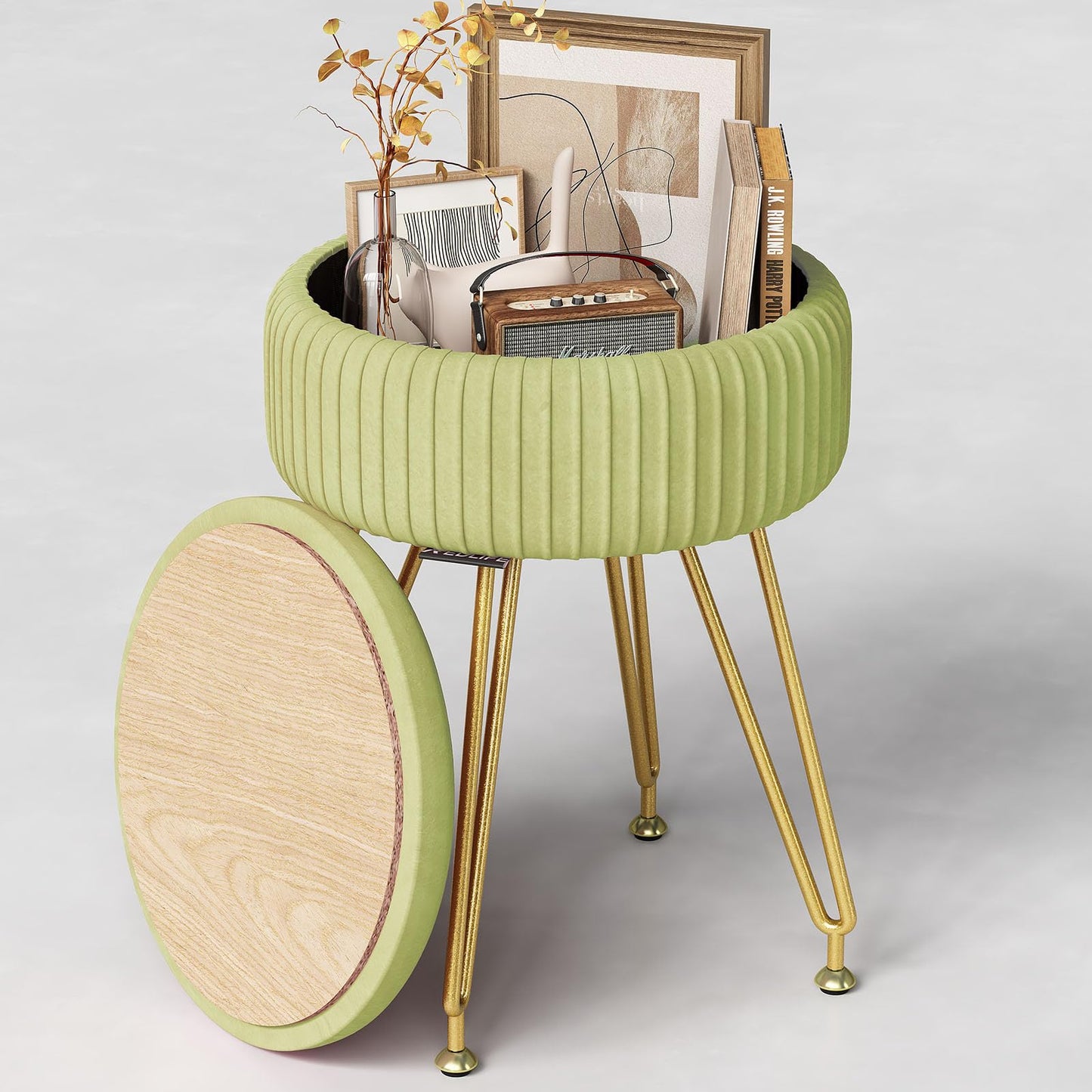 Redlife Vanity Stool with Storage, Round Makeup Vanity Stool with 4 Gold Legs Small Velvet Make Up Chair Multifunctional Storage Ottoman Stools for Makeup Room Bedroom (Light Green)