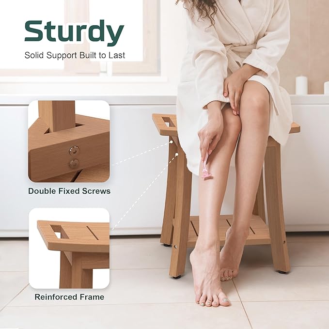Waterproof Shower Benches for Inside Shower, Poly Lumber Shower Stool with Storage Shelf & Adjustable Feet, SPA Bathroom Seat Chair for Shaving Legs, Indoor or Outdoor Use, Teak Brown