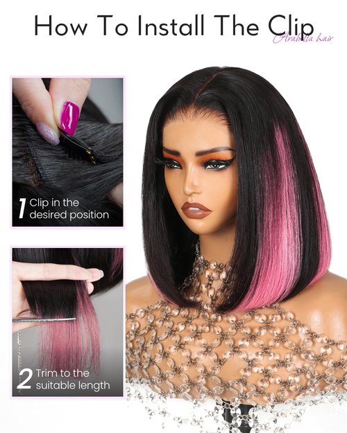 Arabella 12inch 6x6 Bob Wig Human Hair and 4 Pcs 1B/Pink Clip in Hair Extensions Ready to Go Glueless Wig Real 210% Density Straight Glueless Bob Wigs Human Hair Pre Cut Lace Pre Bleached Tiny Knots