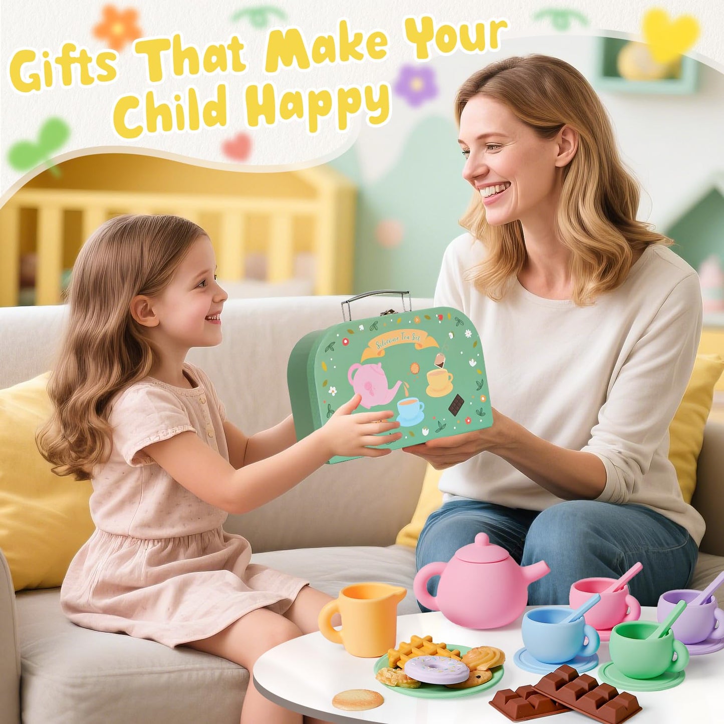 Golray Silicone Tea Sets for Toddlers 3-5, 22pcs Washable Tea Party Set with Storage Box/ Picnic Cloth, Pretend Play Kitchen Accessories Birthday Gifts Girls Toys for Kids 3 4 5 6 Years Old