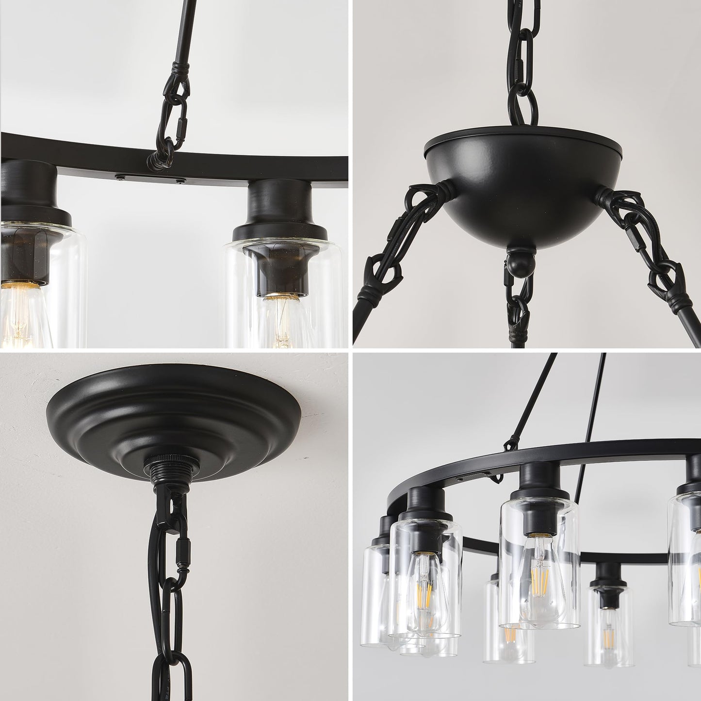 JTYP 32“ Black Wagon Wheel Chandelier, 12-Light Farmhouse Glass Pendant Lights Kitchen Island Round Hanging Lighting fixtures Ceiling for Living Room, Dining Room, Kitchen Island, Entryway, Foyer