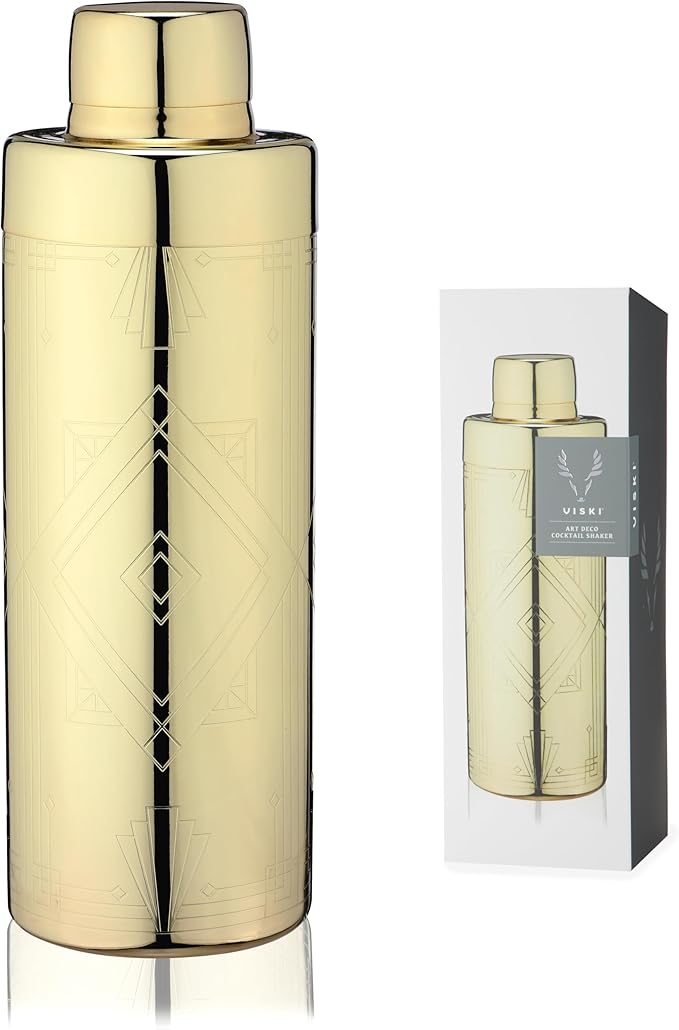 Viski Art Deco Gold Cocktail Shaker, 24 oz Etched Stainless Steel Shaker With Strainer & Gold Finish