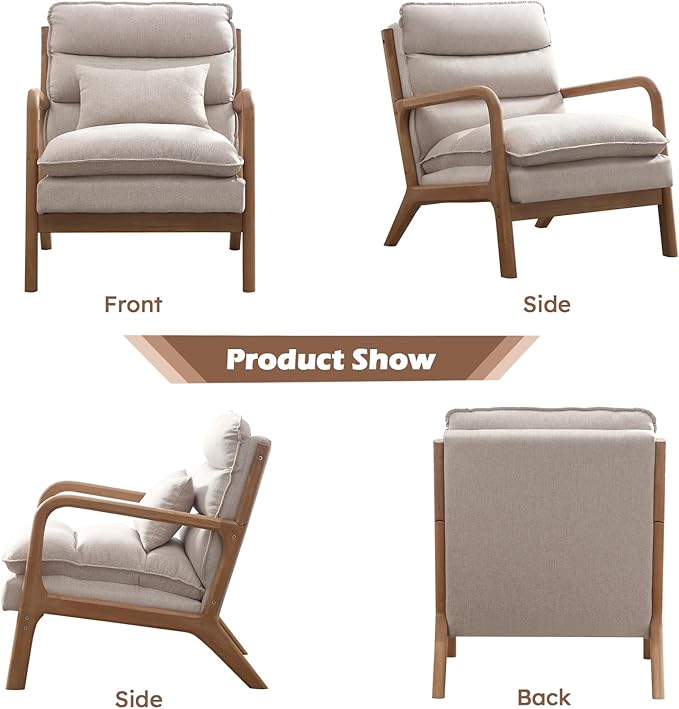 IOMOR Mid Century Modern Accent Chair, Upholstered Lounge Armchair with Plump Back Pillow, Comfy Reading Chair with Solid Wood Frame for Bedroom Living Room (1, Beige)