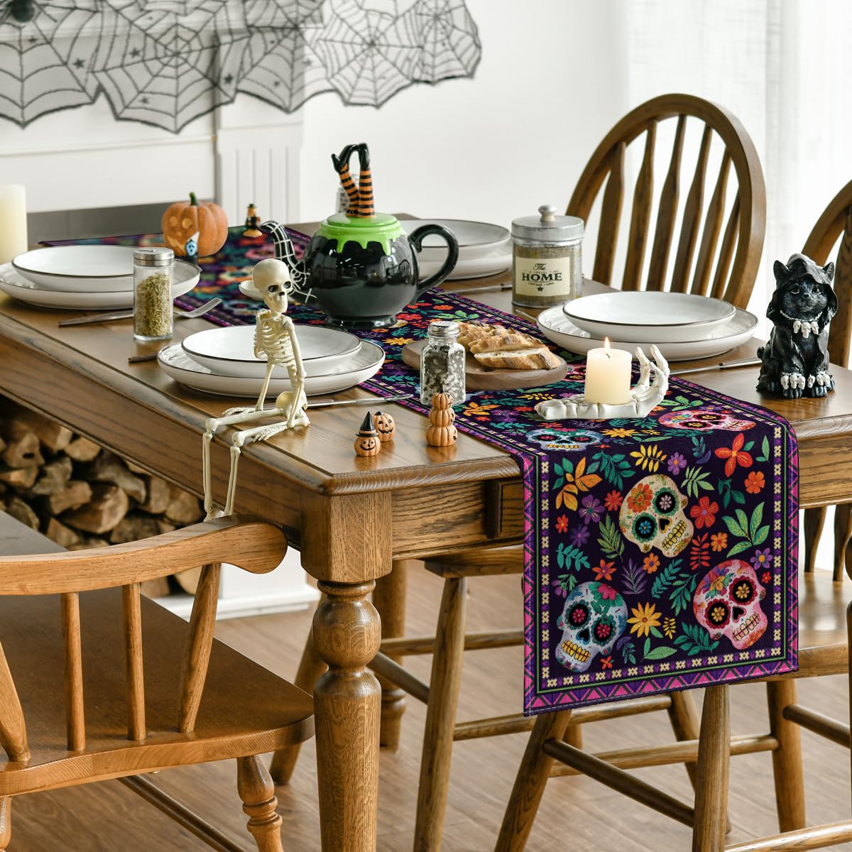 Artoid Mode Mexican Sugar Skull Dia De Los Muertos Table Runner, Day of The Dead Altar Kitchen Dining Table Decoration for Home Party Decor 13x72 Inch