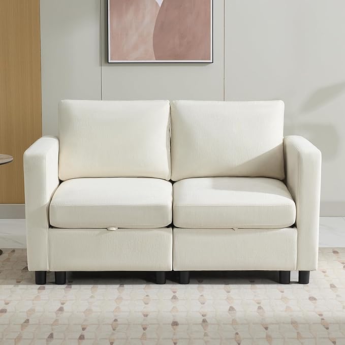 WUTUTUEE 58”Modular Sectional Loveseat Sofa, Modern Love Seat 2 Seater Sofa Couch with Storage, Chenille Modular Sectional Couch for Living Room, Bedroom, Office, Small Apartment, Beige