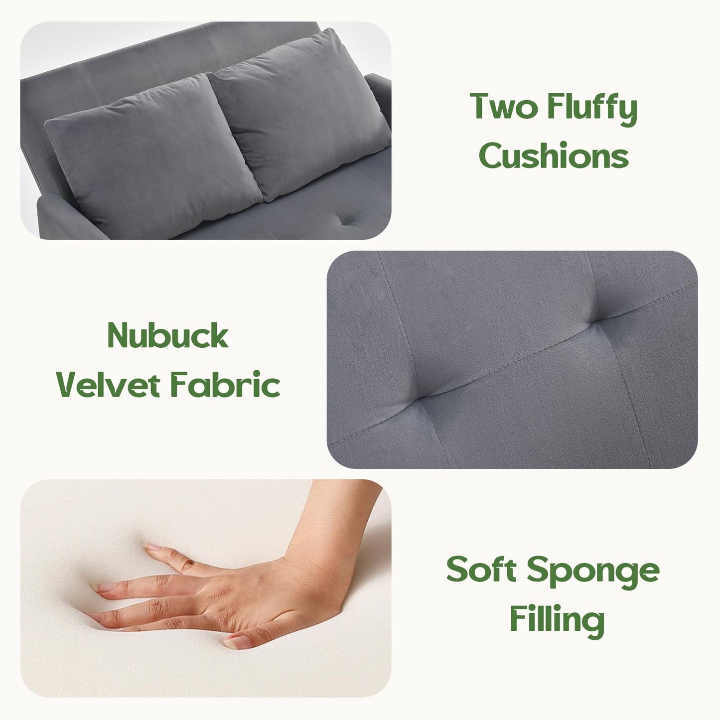 AYEASY Sleeper Sofa Bed, 3 in 1 Convertible Sleeper Couch Bed Pull Out, Small Loveseat Sofa, Futon Sofa Bed Full Size, 46" Velvet Love Seat with Pillow and Phone Holder for Living Room, Grey