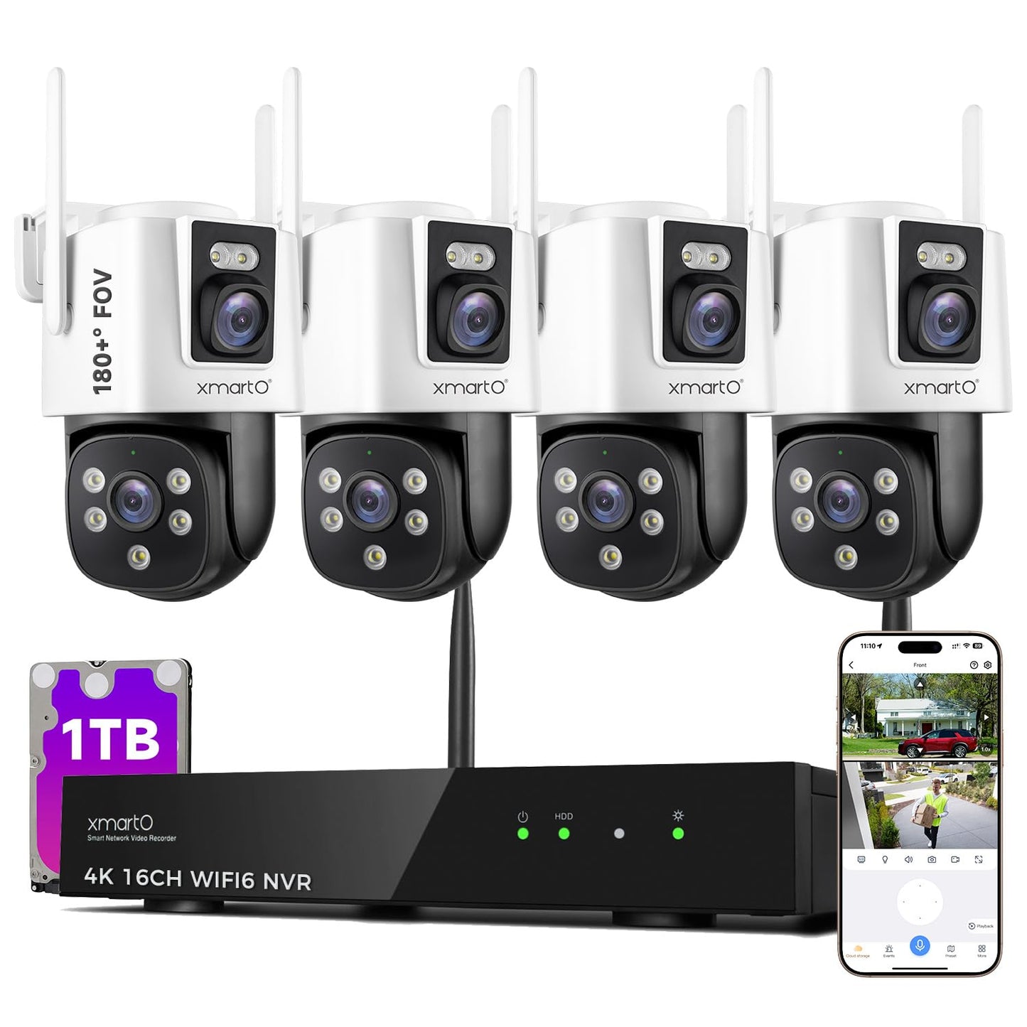 xmartO 4 Dual-Lens Wireless Camera Kit, 8-View WiFi6 Mesh Long Range Security System, 16CH 4K Dual Band NVR, 4MP 180° Static FOV & 360°PTZ AI Tracking, 24/7 Plug-in, 1TB HDD, No Monthly Fee