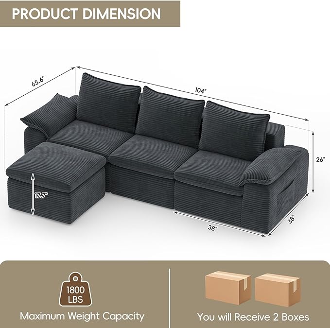 Buytime 104" Comfy Cloud Couch, Convertible Boneless Couches for Living Room, L Shaped Modular Sectional Sofa with Deep Seat, Double-Layer Cloud Cushion and Headrest, Pebble Grey