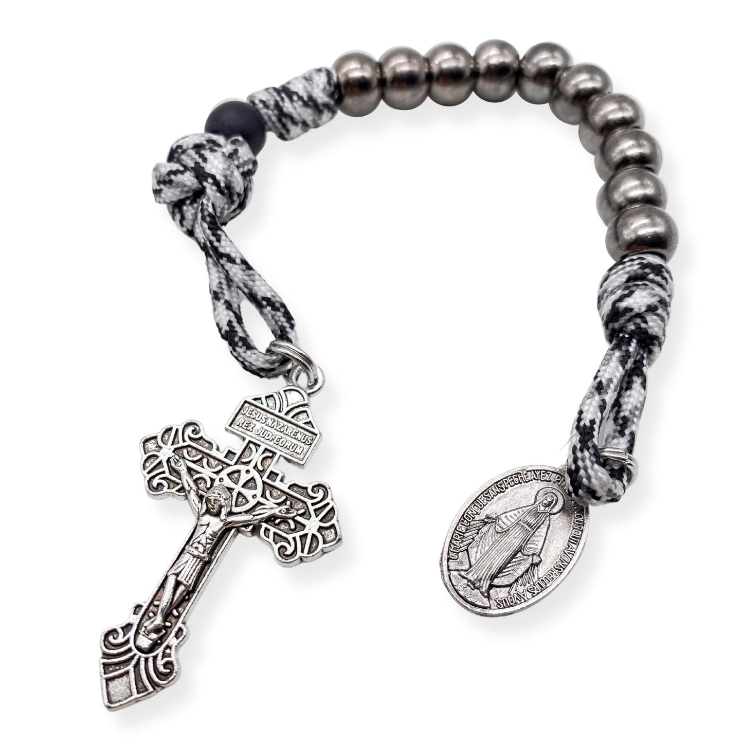 Nazareth Store One Decade Black & White Paracord Rosary Dark Silver Beads Pocket Car Rosary Protection Miraculous Medal & Jesus
