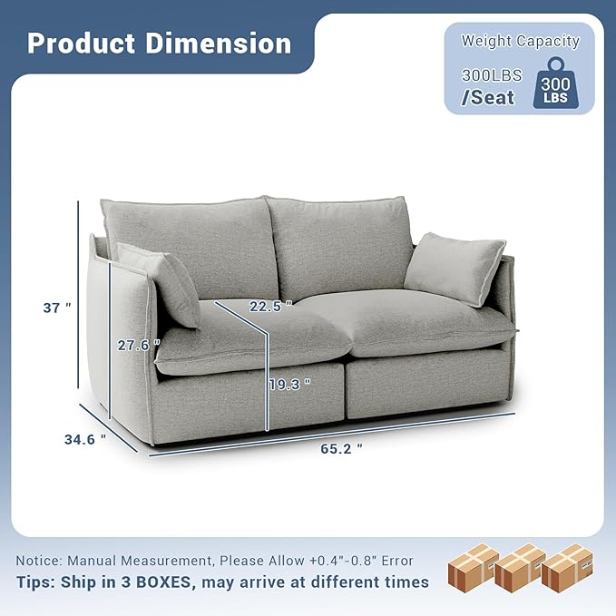 Lopzeho Cloud Modular Sectional Sofa, Waterproof Down Filled Sectional Sofa, High Backrest Loveseat Sectional Couches for Living Room, Modern Modular Couch with Removable Cover, Light Gray