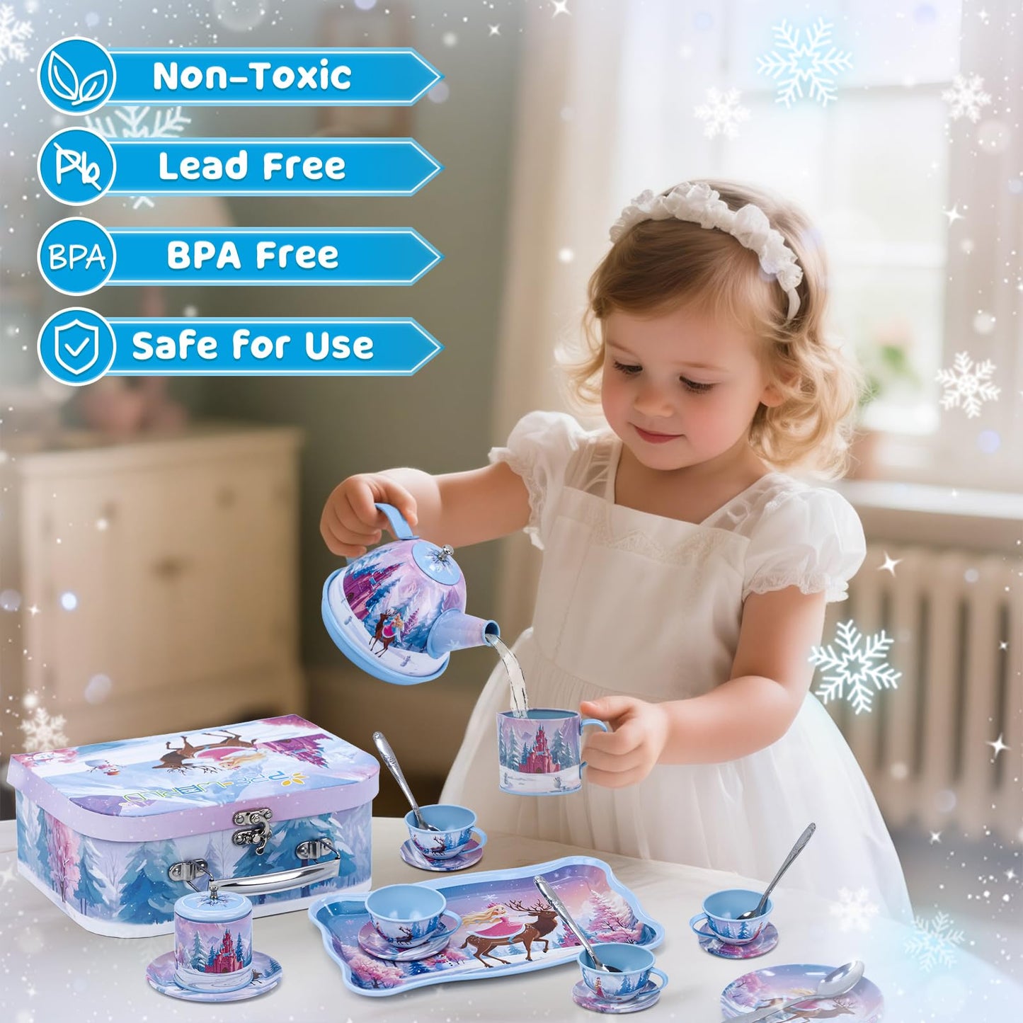 Tea Party Sets for Toddlers 3-5,PRE-WORLD Princess Tea Time Toy with Tray, Teapot, Tea Cups, Cream Pitcher, Sugar Bowl, Coasters, Plates，Kids Kitchen Pretend Play for Girls Boys Age 3 4 5 6
