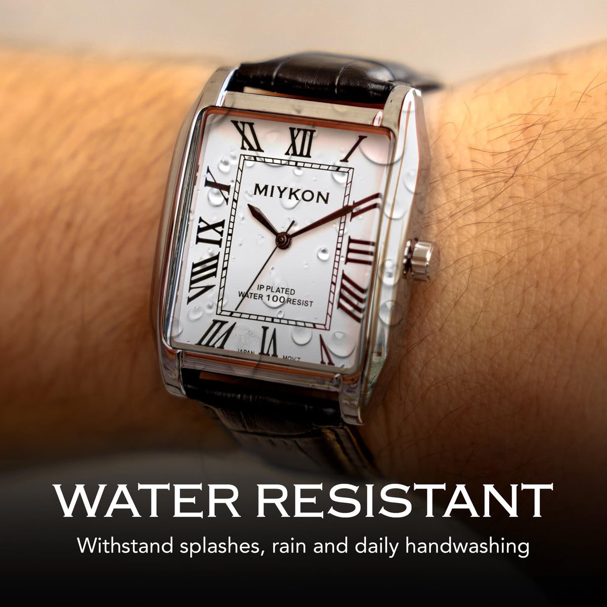 Miykon Vintage Watches for Men - Tank Square Silver Analog Watch with Black Genuine Leather Wrist Strap for Classic Dress - Ion Polished, Scratch Resistant Glass, Japanese Quartz, Waterproof to 100ft