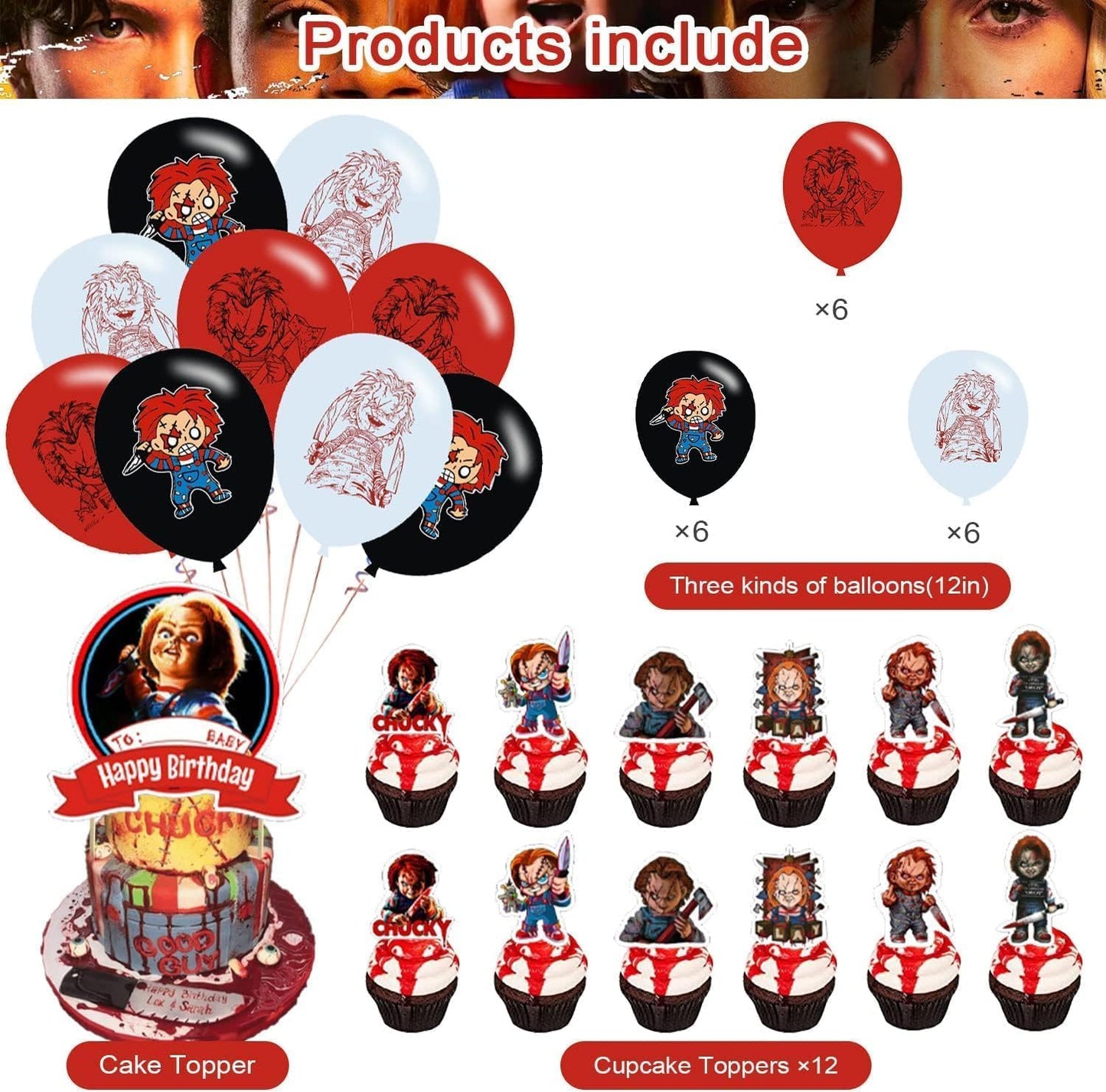 Chucky Party Decorations,Birthday Supplies For Horror Movie Includes Banner - Cake Topper 12 Cupcake Toppers 18 Balloons -50 Stickers