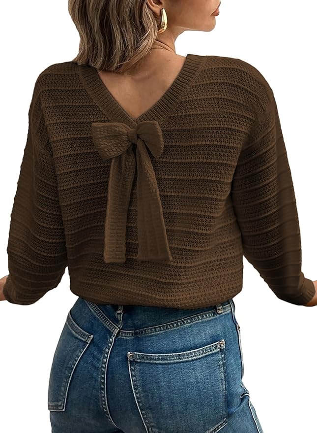 EVALESS Sweaters for Women Long Sleeve Fall Outfits 2025 Back Bow Knot Sweaters Round Neck Solid Knit Pullover Tops