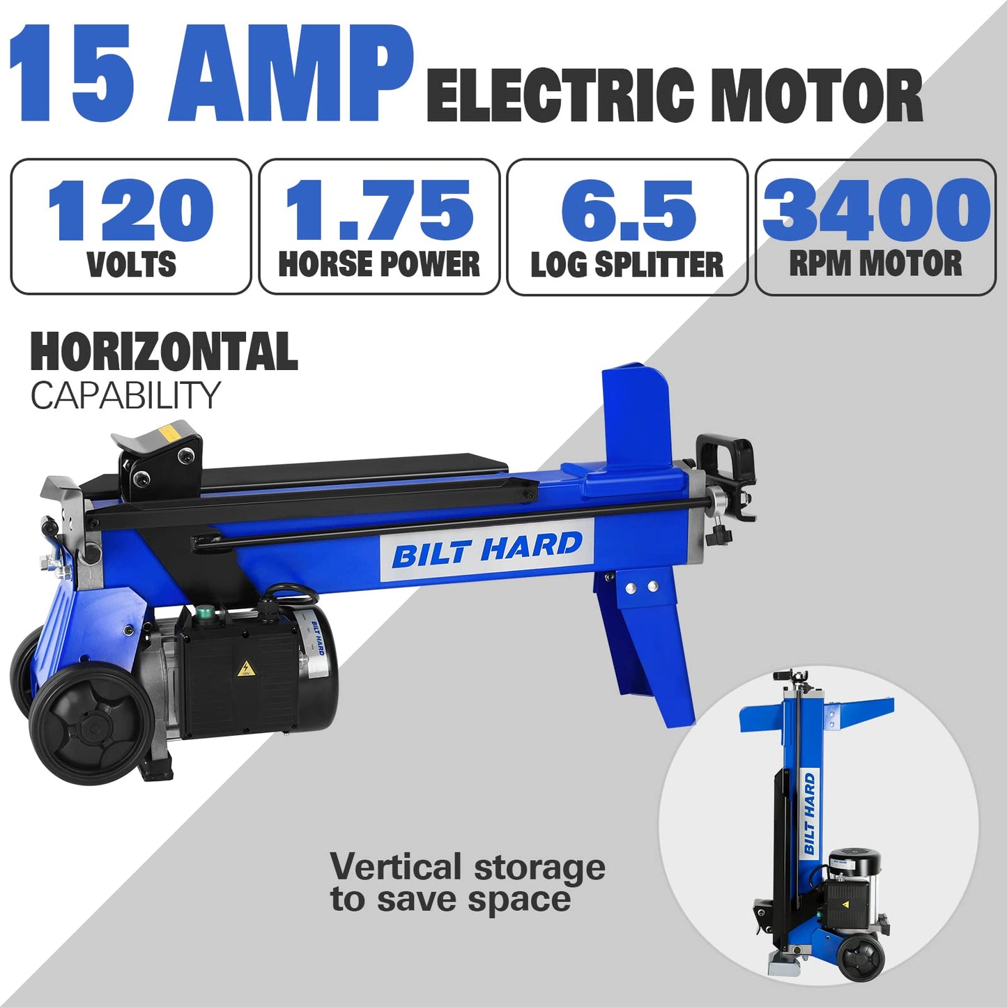 BILT HARD 6.5 Ton Electric Log Splitter with Stand - 15 Amp Motor Wood Splitter with Hydraulic Ram, Electric Firewood Splitting Machine Firewood Processing, Home Heating, and Yard Maintenance