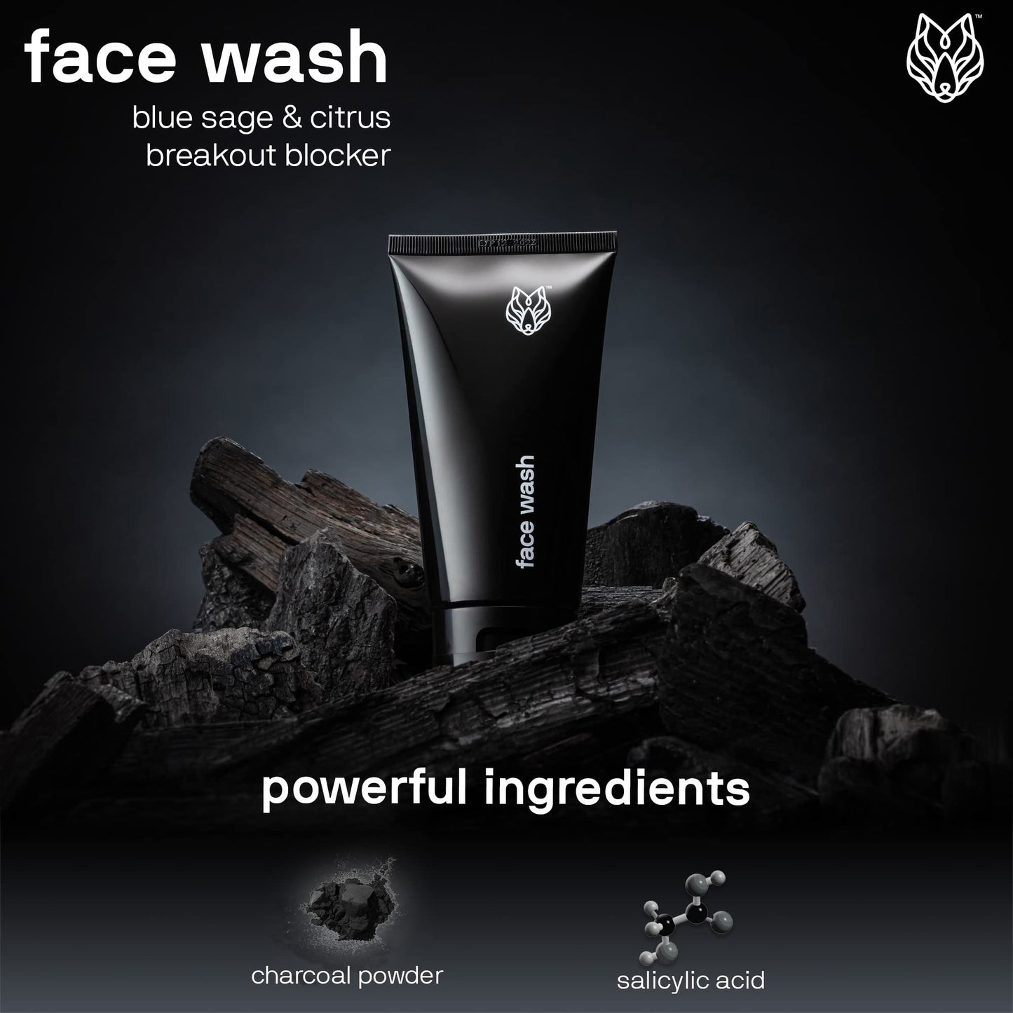 Black Wolf Mens Charcoal Powder Face Wash - 5 Fl Oz, 2 Pack - Facial Cleanser Removes Unwanted Impurities from Your Skin & Sooth
