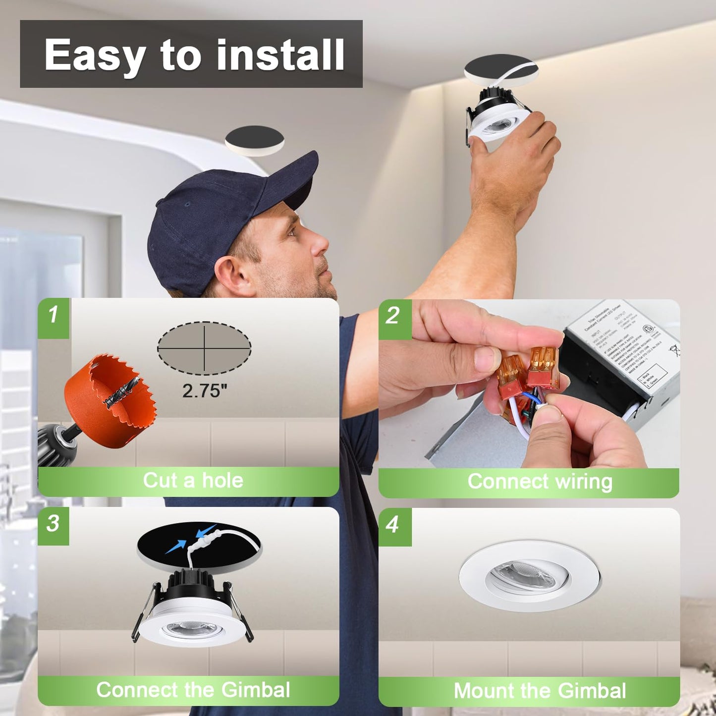POPANU Canless Recessed Gimbal Downlight Rotatable-Spotlight 5 CCT 3 Inch Eyeball Ceilling Potlight, Dimmable Recessed Lights Fixture with Junction Box, 8W CCT Adjustable, White Round Trim, 6 Pack