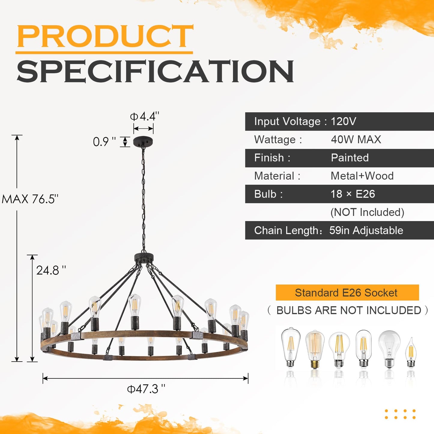 Benkut Farmhouse Wagon Wheel Chandelier 47" Black Rustic Light Fixtures 18-Light Wood Round Chandelier for Foyer Living Room Entryway Dining Room