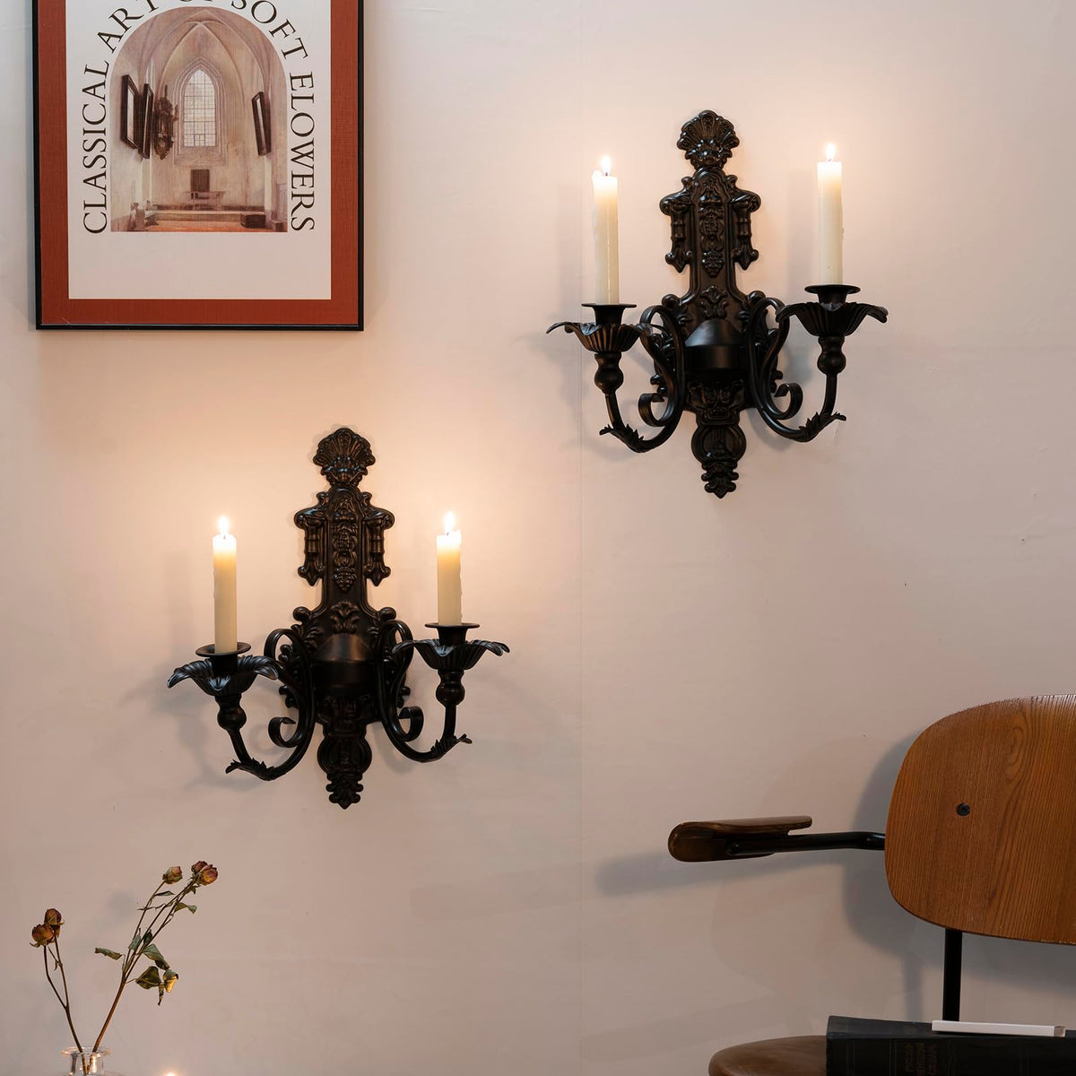 Candle Sconce(Set of 2)-Metal Gothic Wall Decorations-Rustic Home Decor-Black Wall Candle Sconces,Ideal for Stick Candles